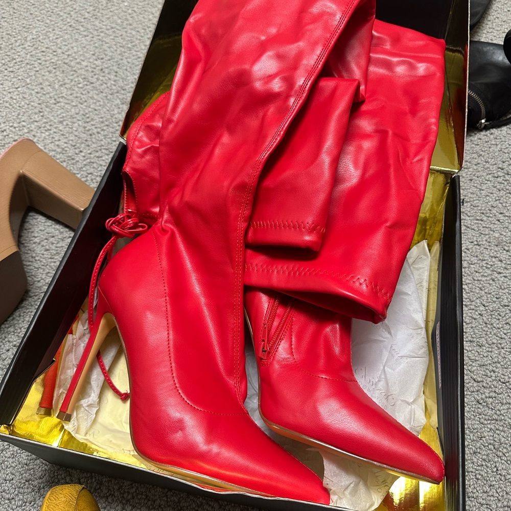 Frederick's of Hollywood Vibrant Red Heidi Over the Knee Boots